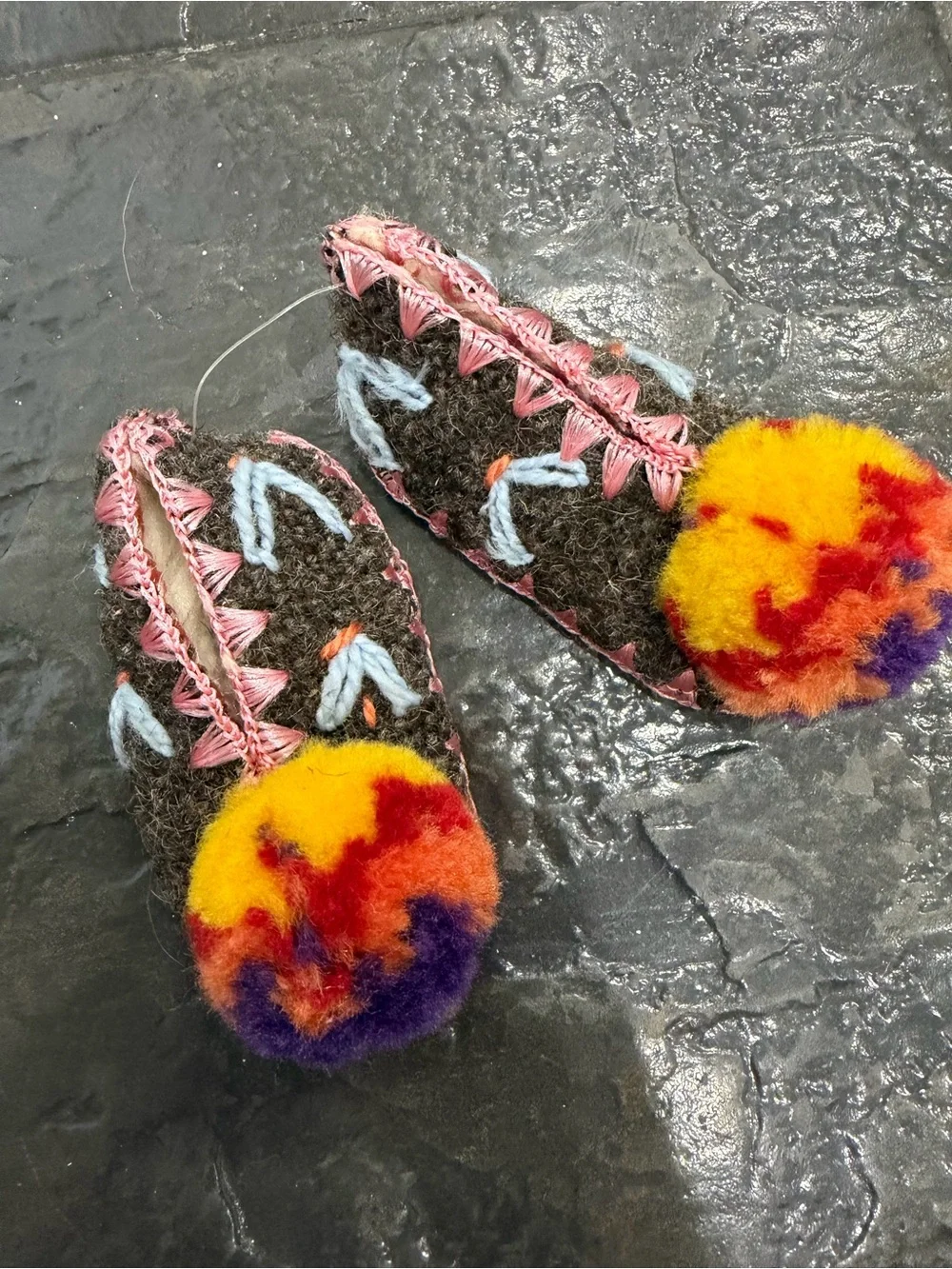 Boho Miniature Felt Pom Pom Slippers Folk Art Decorative Pair Size 4
